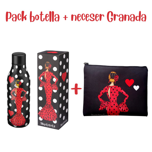Pack Regalo Flamenca María – Botella Térmica Negra con Vestido Rojo + Neceser Granada “María Rojo”