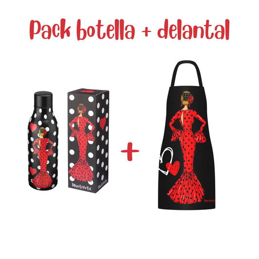 Pack Botella “María” rojo + Delantal “María” rojo – Set flamenco con mucho arte illustrArte