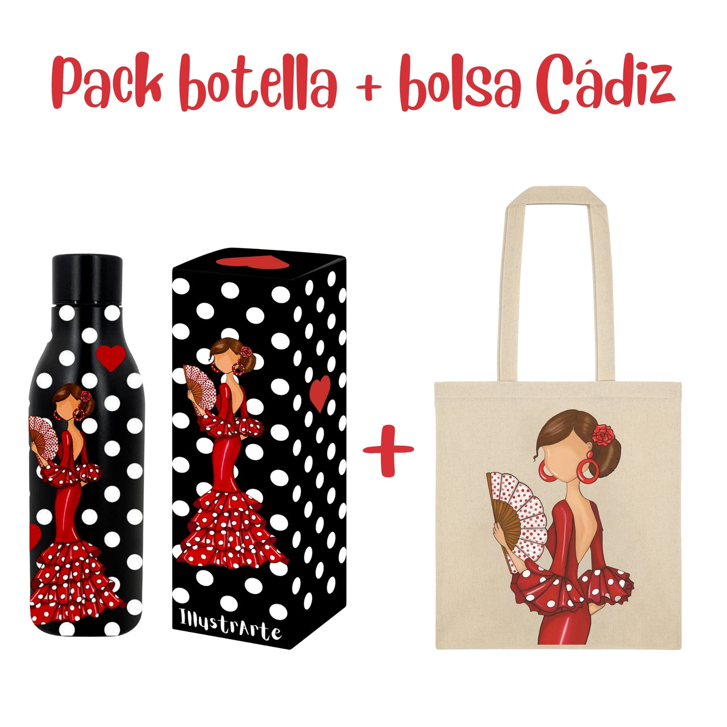 Pack Regalo Flamenca Pepa – Botella Térmica Negra con Vestido Rojo y Abanico + Bolsa Cádiz de Algodón “Pepa Rojo”