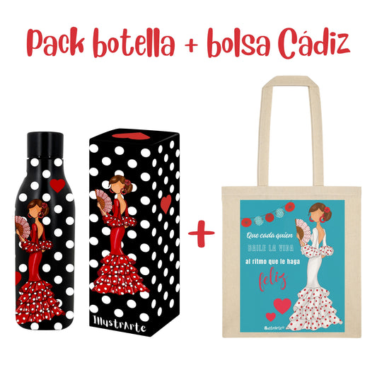 Pack Regalo Flamenca Pepa – Botella Térmica Negra con Vestido Rojo y Abanico + Bolsa Cádiz de Algodón “Pepa Feliz”