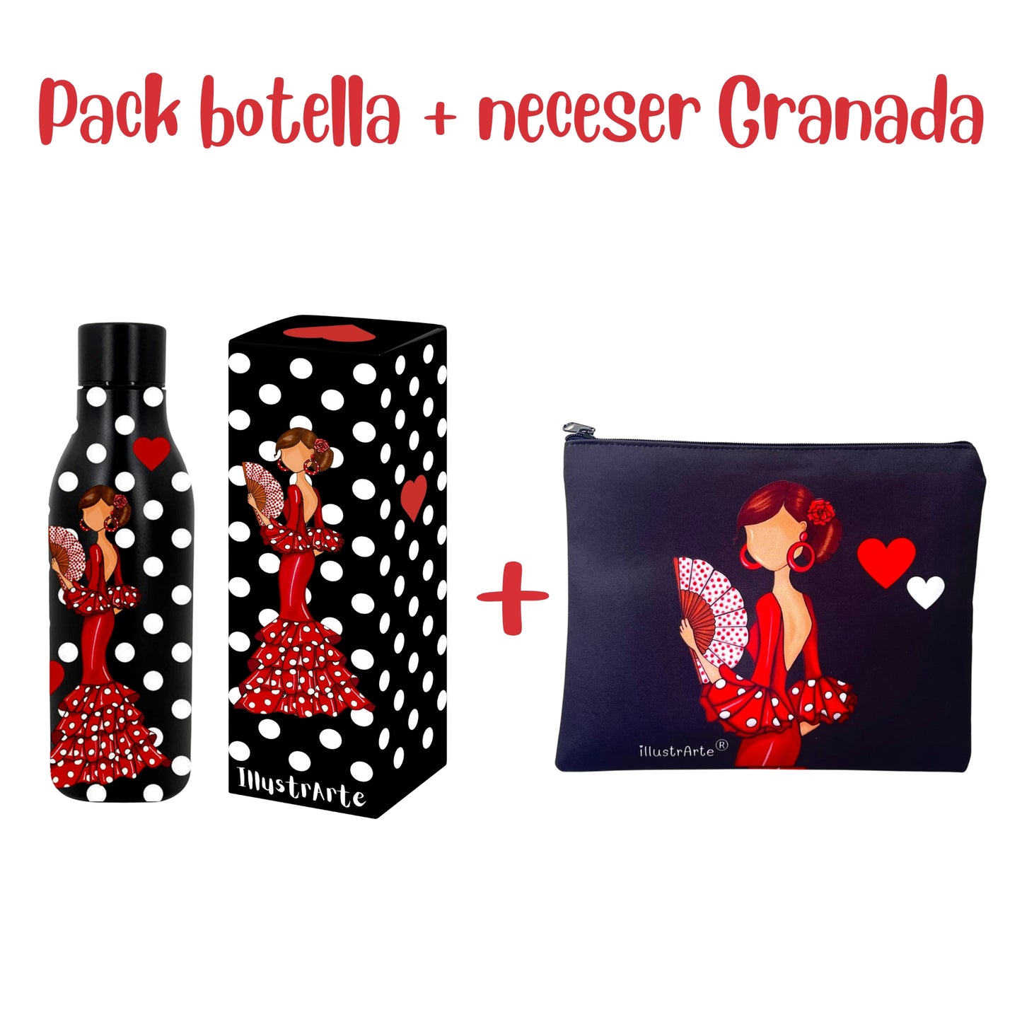 Flamenco Pepa Gift Set – Black Thermal Bottle with Red Dress and Fan + Granada “Pepa Red” Toiletry Bag