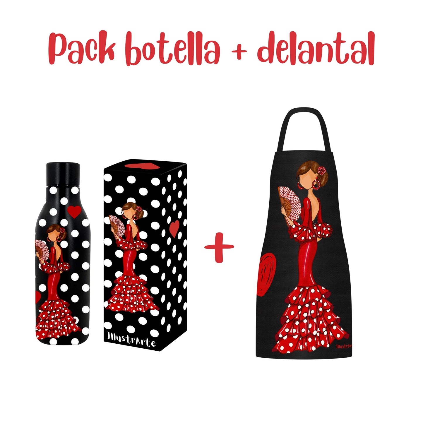 Pack Regalo Flamenca Pepa: Botella Térmica + Delantal de Cocina – Diseño Exclusivo illustrArte