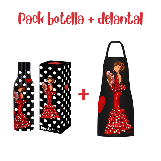 Pack Regalo Flamenca Pepa: Botella Térmica + Delantal de Cocina – Diseño Exclusivo illustrArte