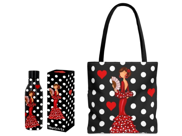 Pack Botella Térmica + Bolso Tote Málaga Flamenco | Diseño illustrArte | Idea de Regalo Original