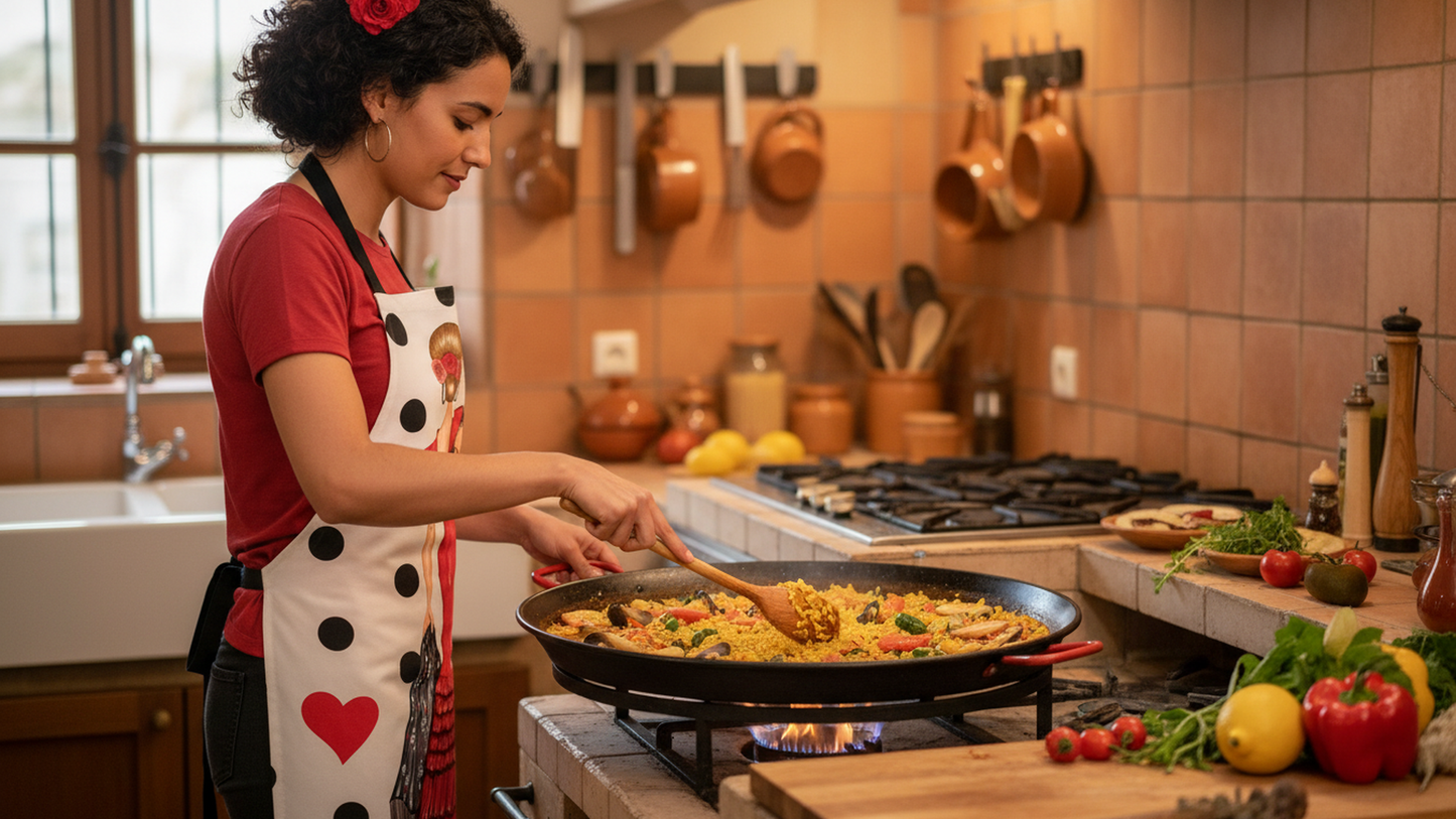 ❤️ Delantal Flamenco “Manuela” – Vestido Rojo sobre Fondo Blanco con Lunares Negros | Diseño Español con Estilo y Alegría
