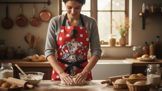 🤍 Delantal Flamenco “María Blanco” – Vestido Blanco con Lunares Negros sobre Fondo Rojo | Diseño Español con Estilo y Alegría