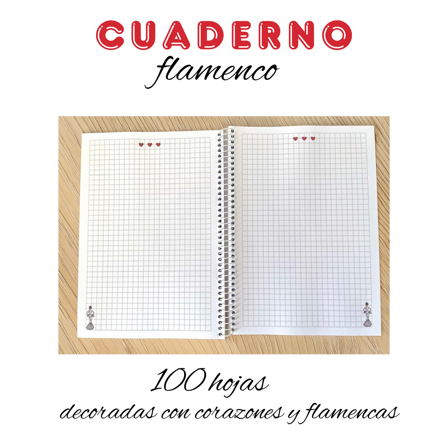 Diseño ilustrado de la libreta flamenca María, con corazones rojos y la figura de María blanco en cada página.