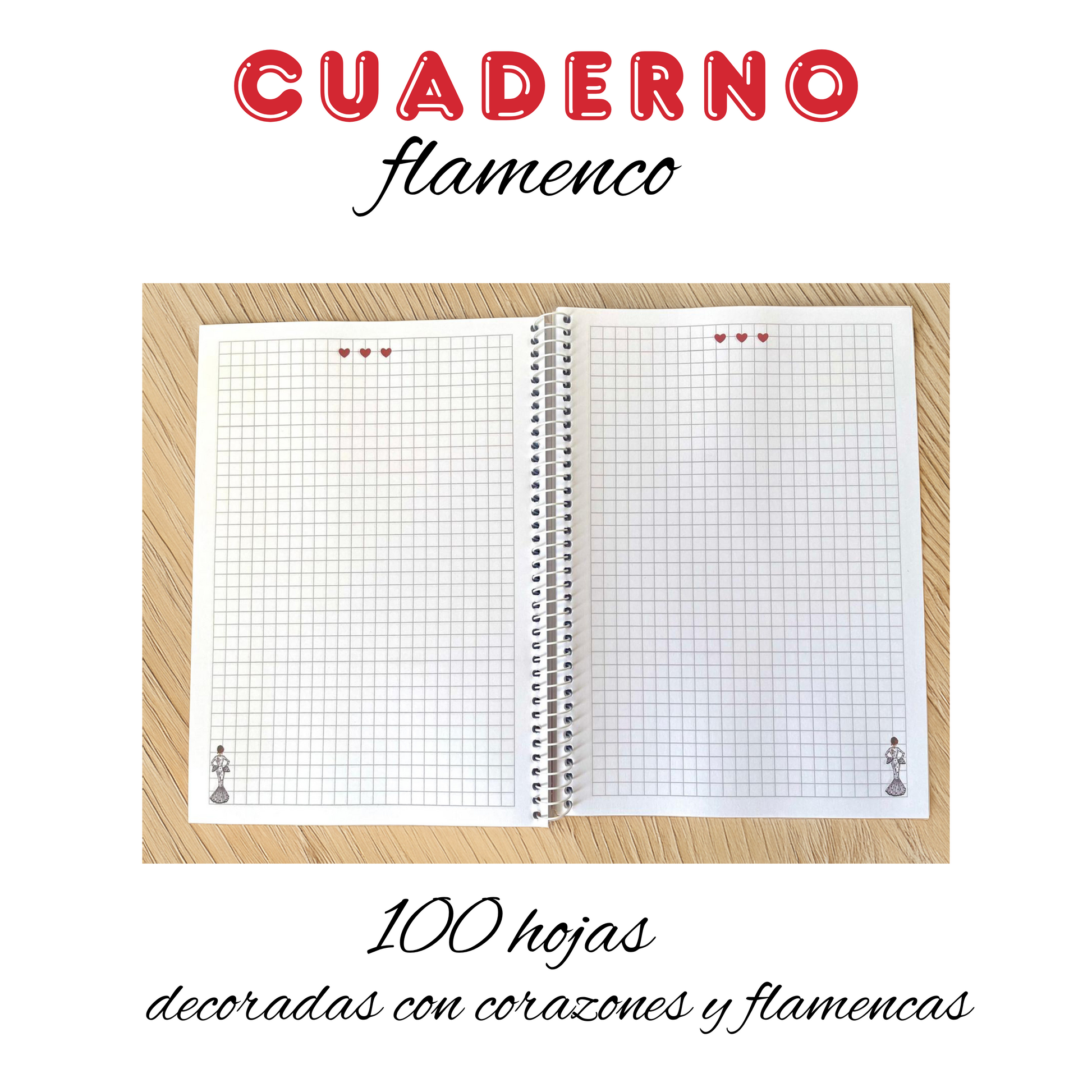 Diseño ilustrado de la libreta flamenca María, con corazones rojos y la figura de María blanco en cada página.