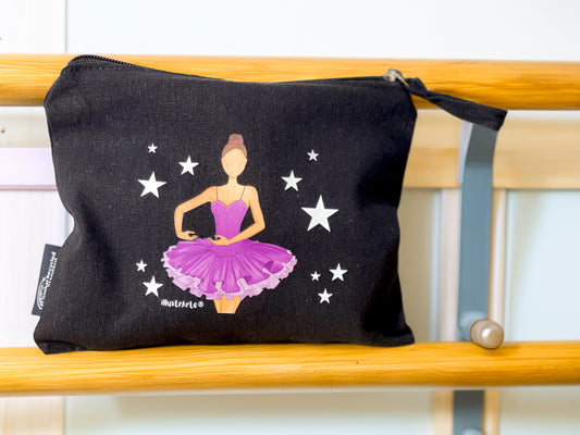 Neceser Bailarina Sara – Estuche Cosmético de Algodón Reciclado en Negro, 21 x 16 cm, Diseño Impreso por Ambos Lados