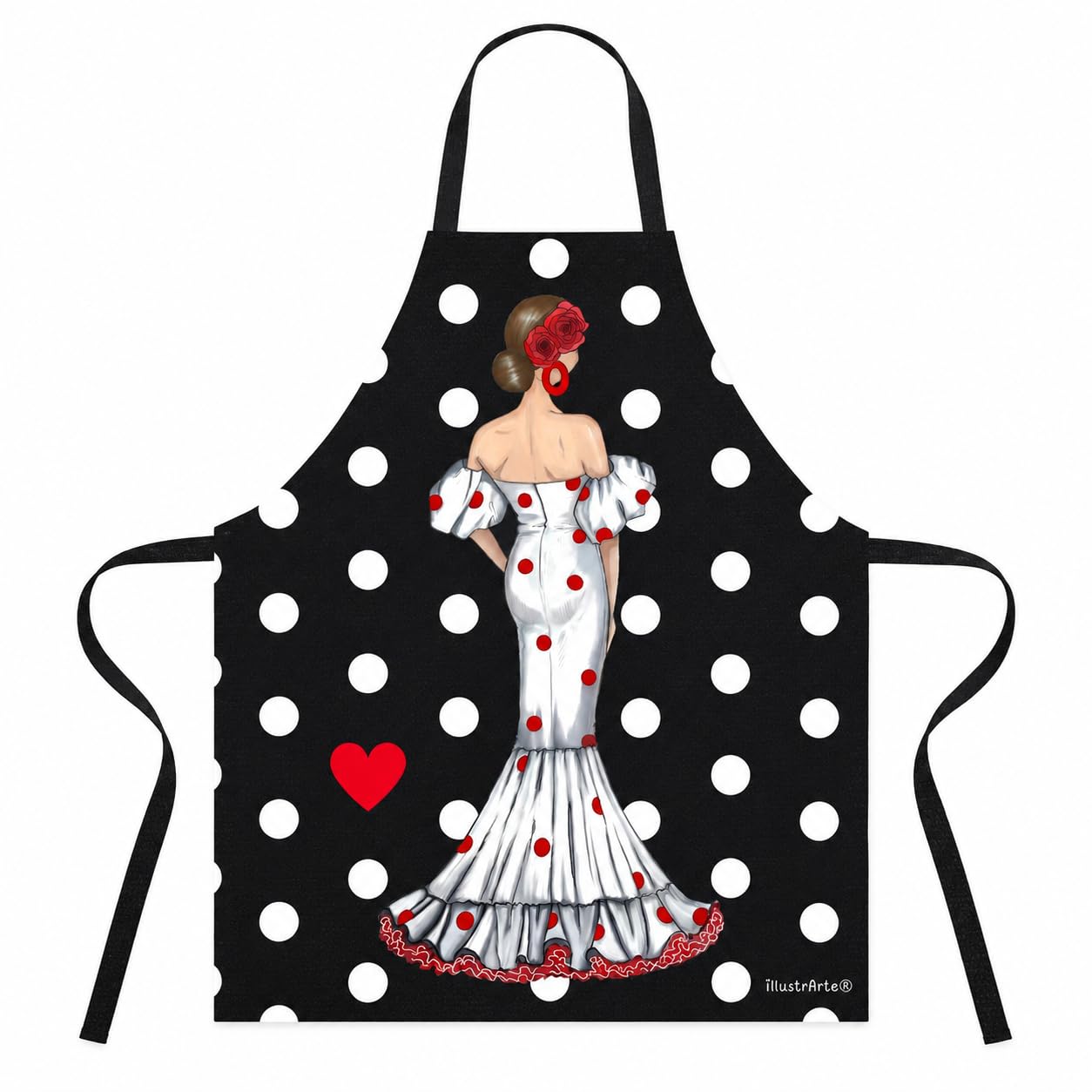 Delantal de cocina illustrArte 78 x 65 cm – diseño Maite, fondo negro con lunares