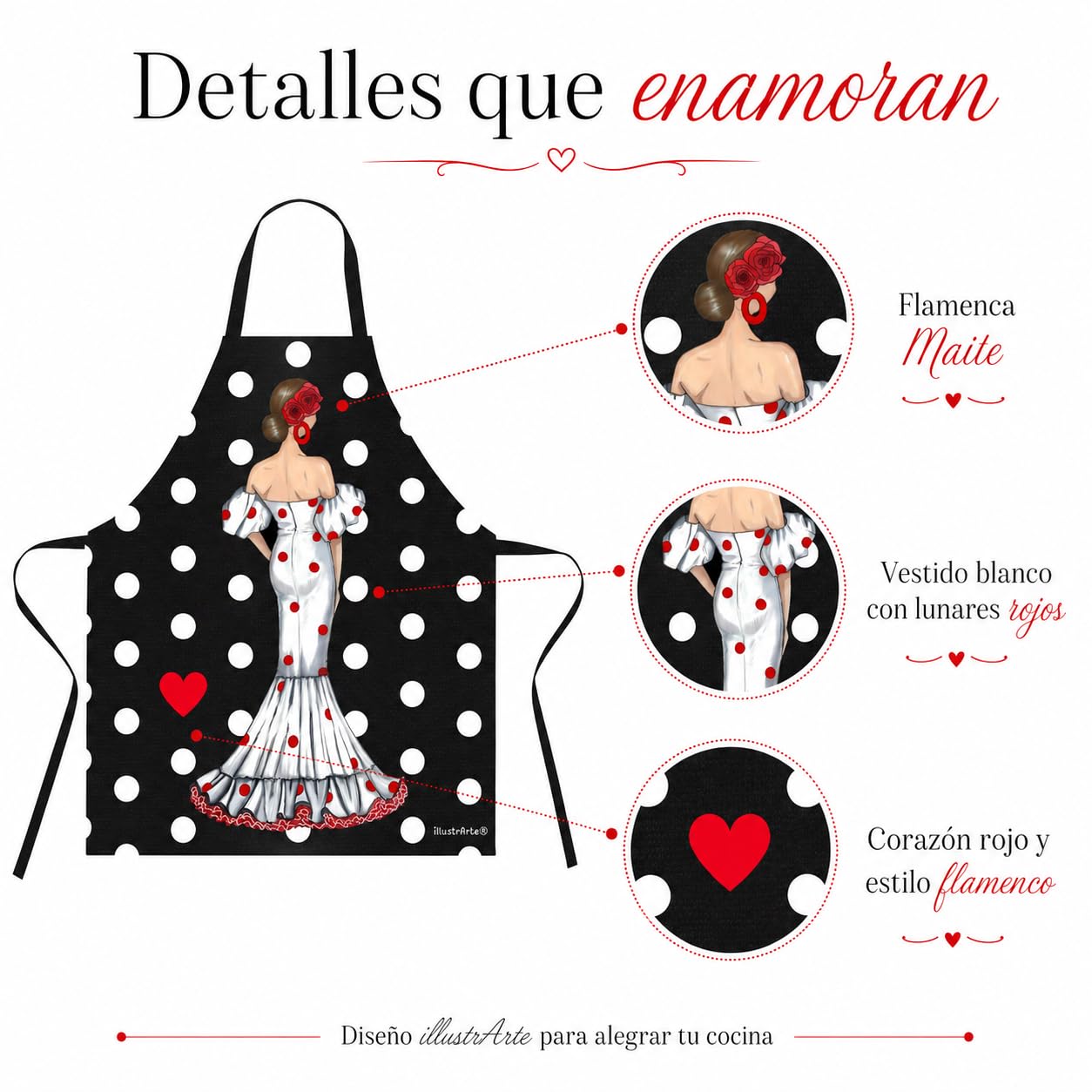Delantal flamenca illustrArte – Maite, fondo negro con lunares – vista 4
