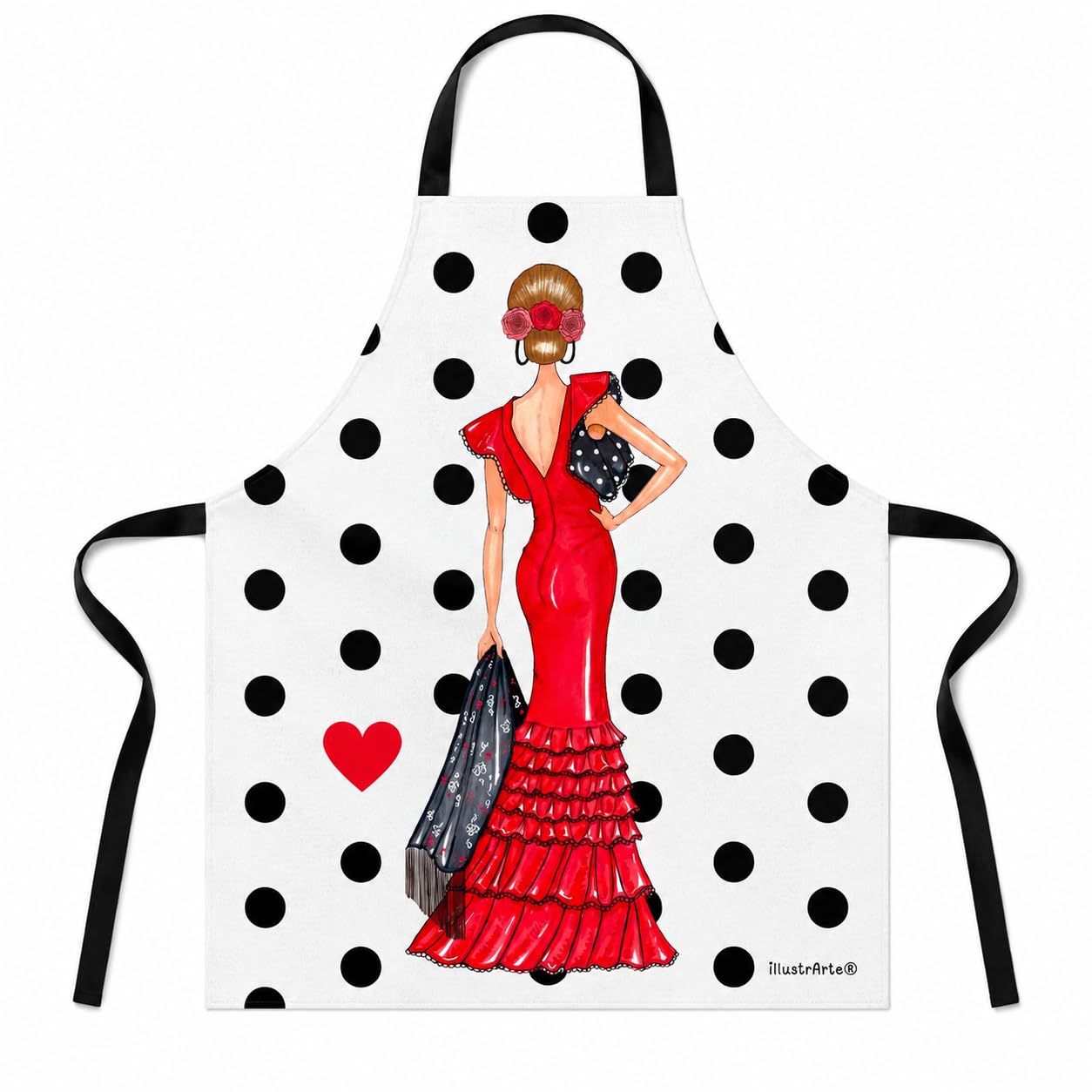 Delantal de cocina illustrArte 78 x 65 cm – diseño Manuela, fondo blanco con lunares negros