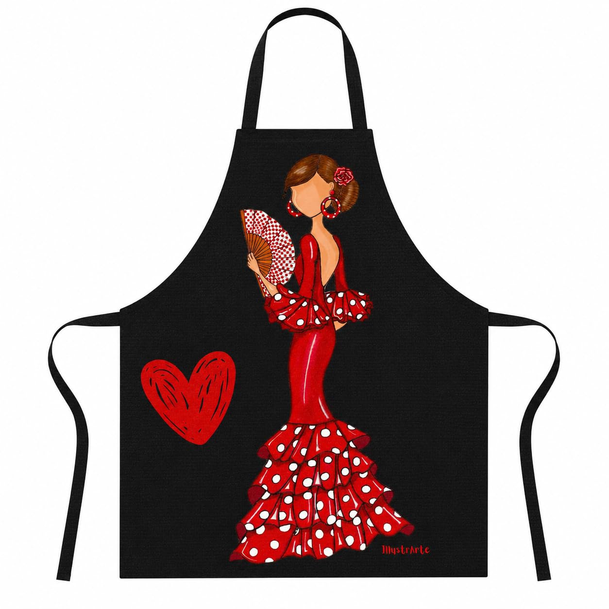 Delantal de cocina illustrArte 78 x 65 cm – diseño Pepa, fondo negro con abanico
