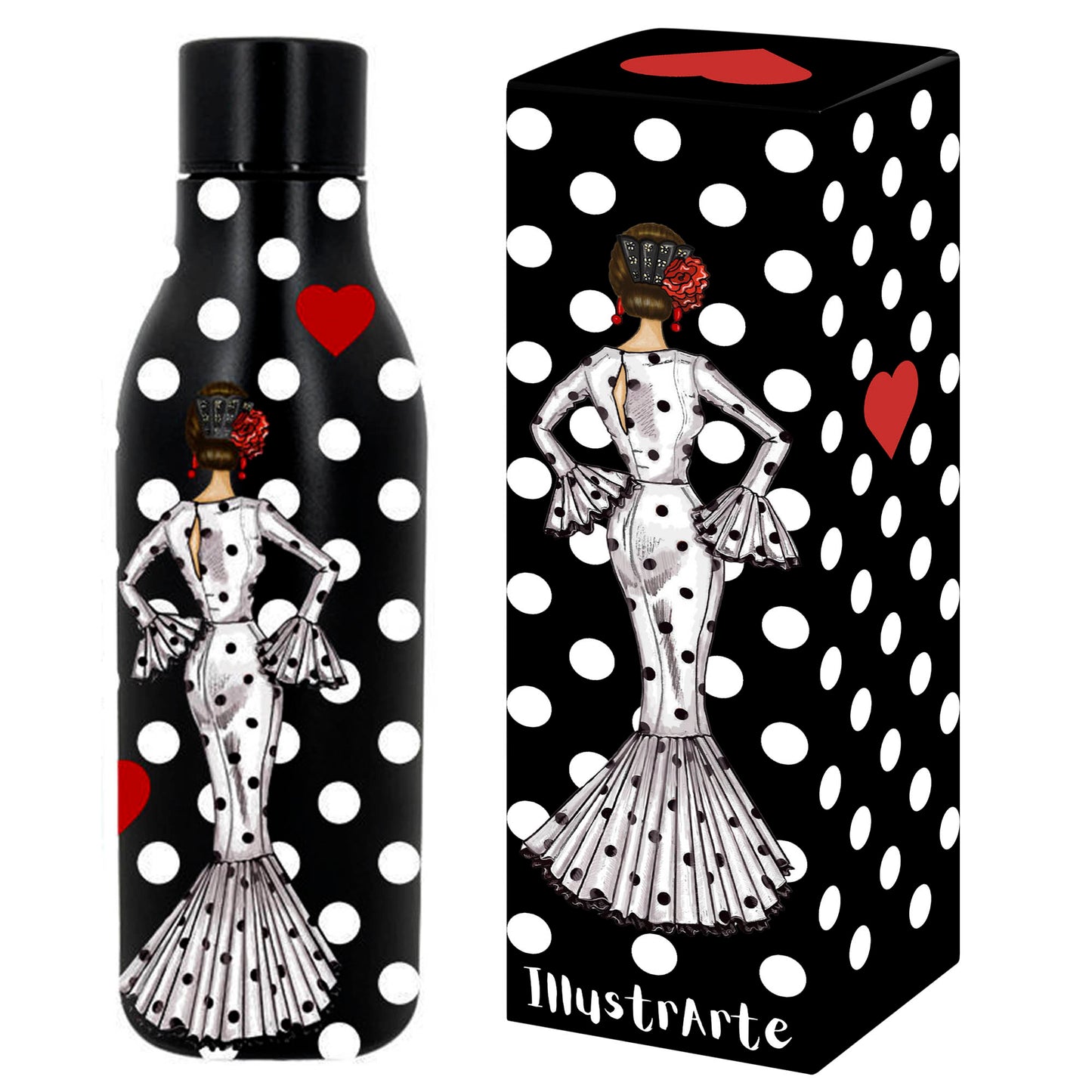 Pack Regalo Flamenca María Blanco – Botella Térmica Negra con Vestido Blanco + Bolso Málaga “María Blanco Fondo Negro”