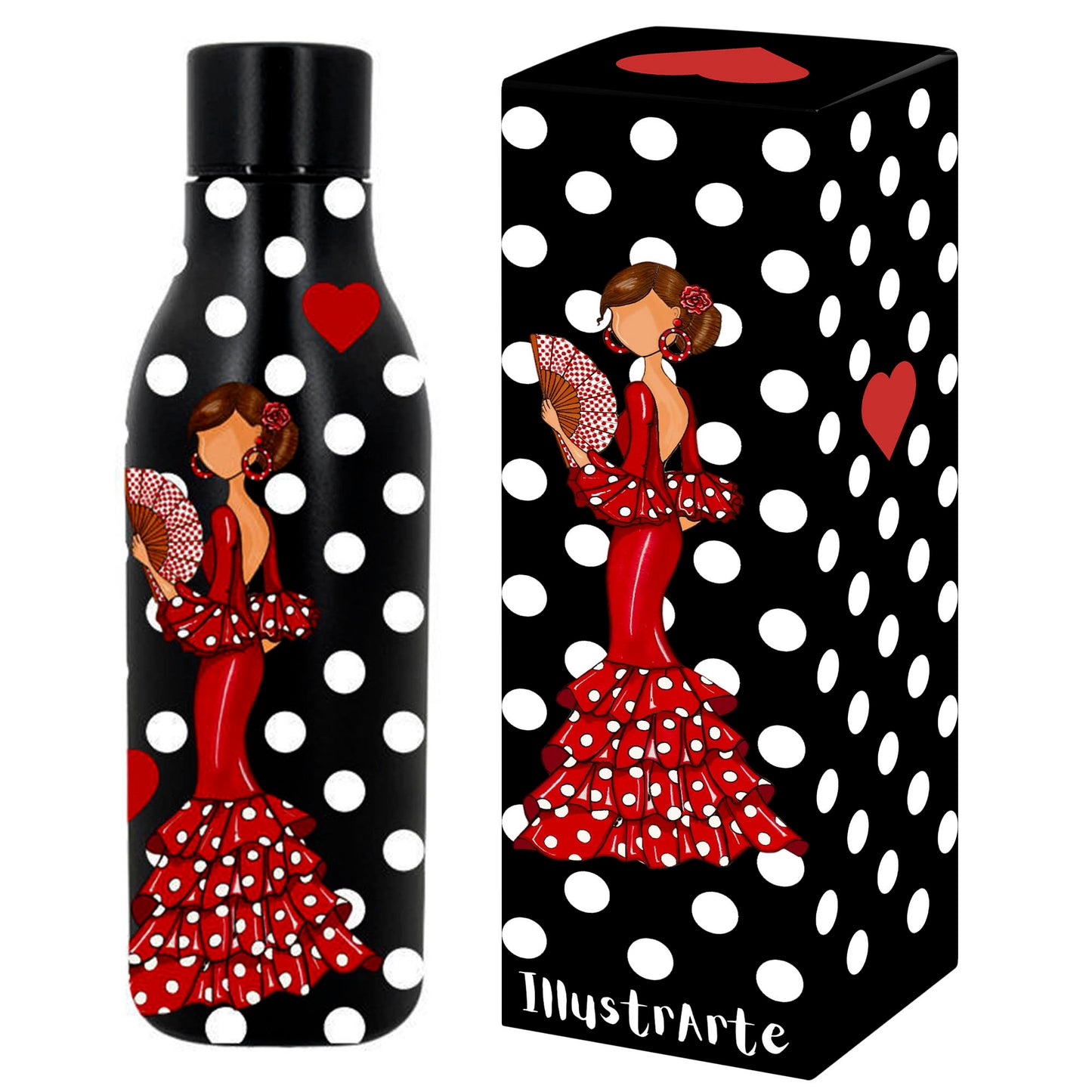 Pack Regalo Flamenca Pepa – Botella Térmica Negra con Vestido Rojo + Bolsa Cádiz “Pepa Vestido Rojo” + Cuaderno “Pepa Vestido Rojo”