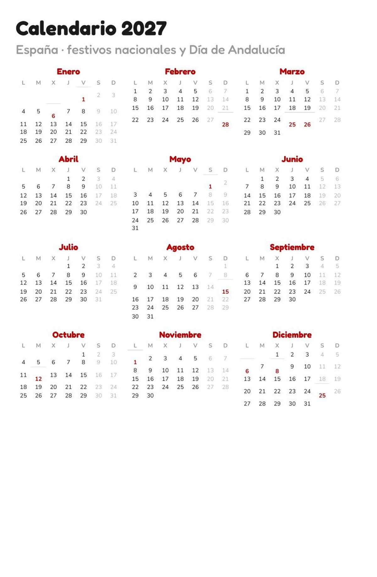 Calendario anual 2027 con los festivos nacionales y el Día de Andalucía