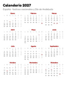 Calendario anual 2027 con los festivos nacionales y el Día de Andalucía