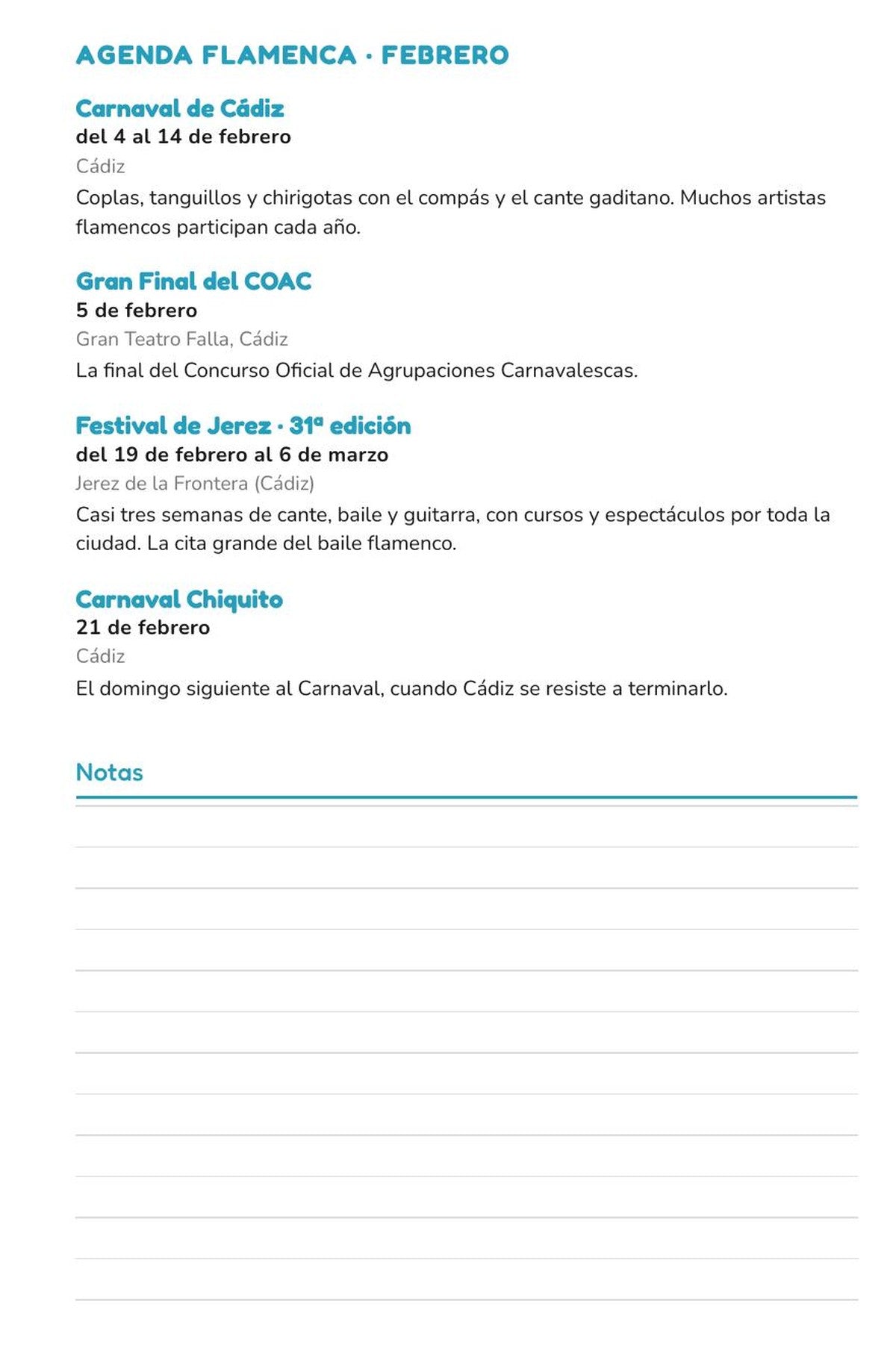 Página de ferias y festivales flamencos de febrero: Carnaval de Cádiz y Festival de Jerez