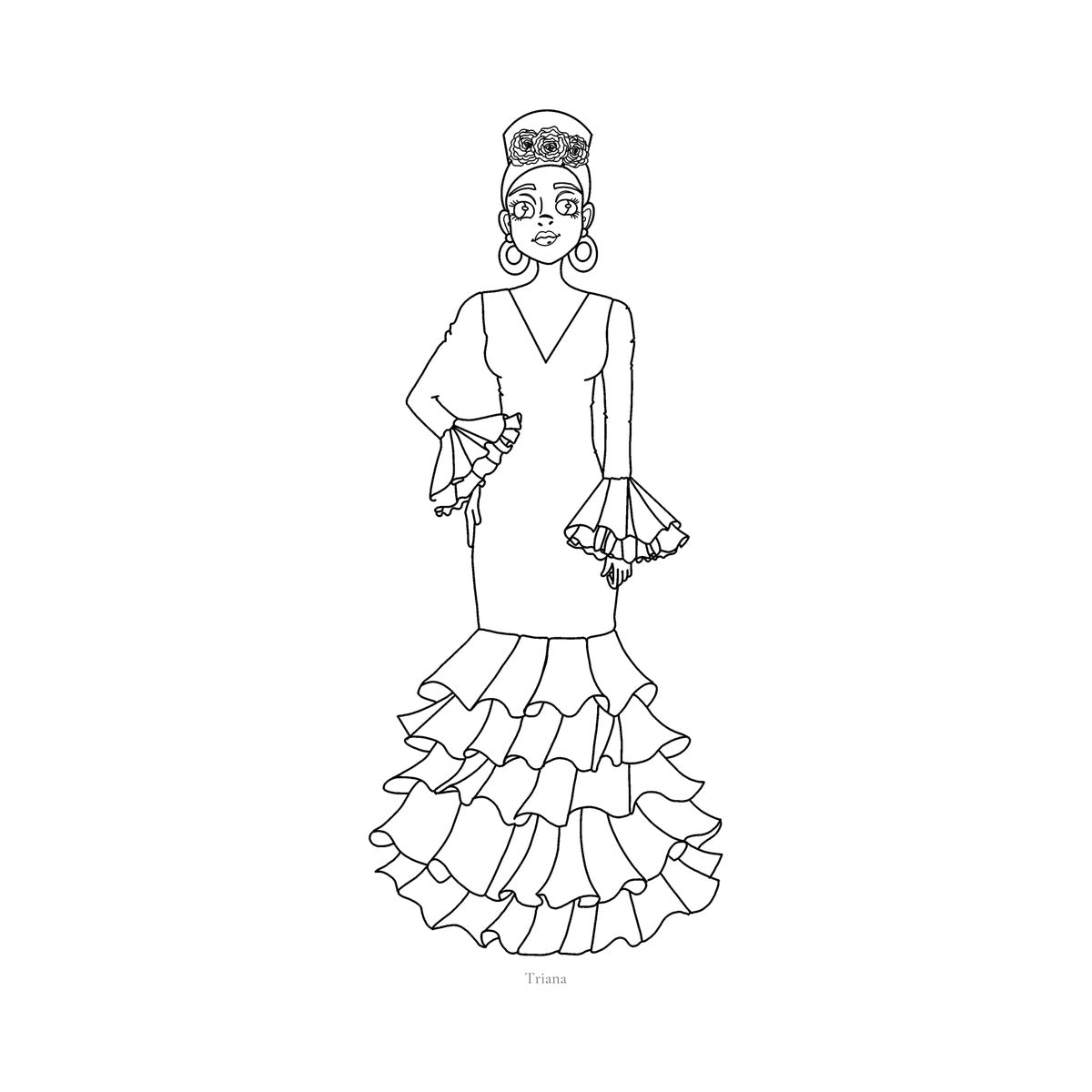 Página del cuaderno: flamenca con traje de volantes lista para colorear