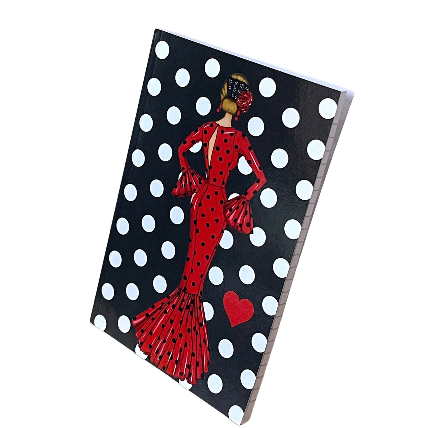 Cuaderno Flamenco “María – Fondo Negro con Lunares Blancos” – 6×9” (15,24×22,86 cm) – 120 Páginas Rayadas – Diseño illustrArte