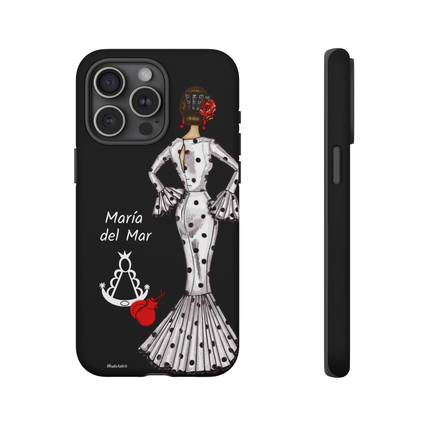 Capa de telefone personalizável - modelo White Mary com fundo preto Virgen del Rocío para iPhone, Samsung e Google Pixel