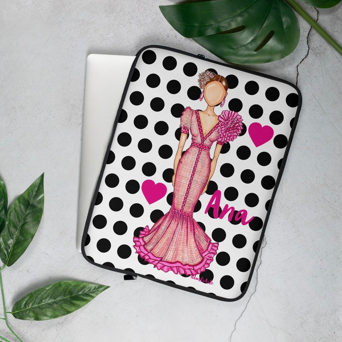 Flamenco Dancer Customizable Laptop Sleeve, pink dress and pink hearts on a black polka dot design. - IllustrArte