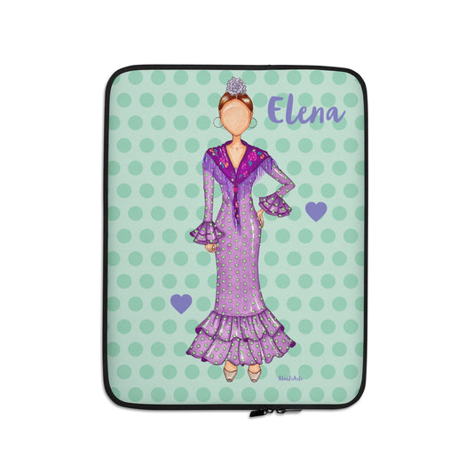 Flamenco Dancer Customizable Laptop Sleeve, purple dress and purple hearts on a green polka dot design. - IllustrArte