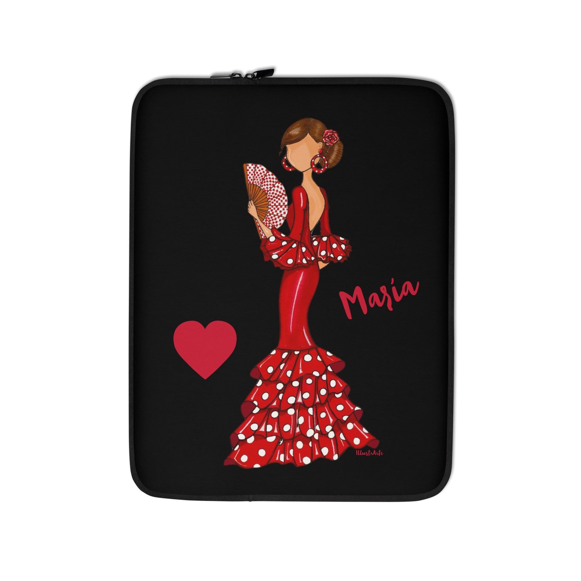 Flamenco Dancer Customizable Laptop Sleeve, red dress and red hearts with white polka dot design. - IllustrArte