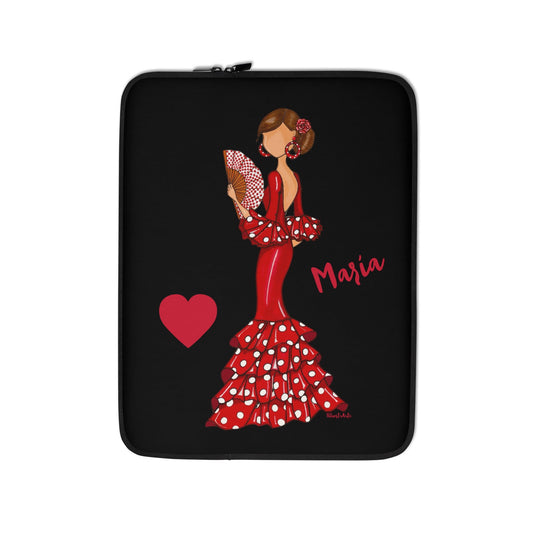 Flamenco Dancer Customizable Laptop Sleeve, red dress and red hearts with white polka dot design. - IllustrArte