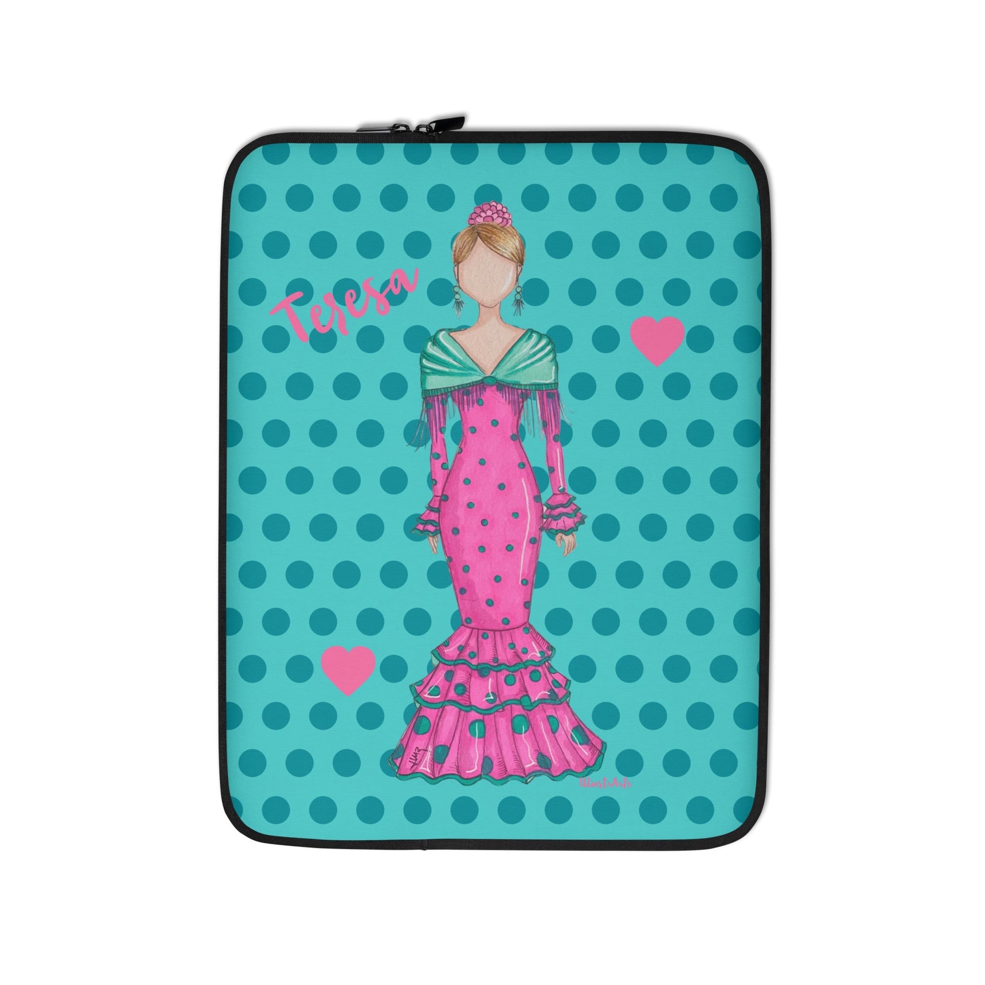 Flamenco Dancer Customizable Laptop Sleeve, pink dress with a green shawl on a green polka dot design. - IllustrArte