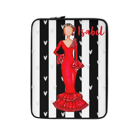 Flamenco Dancer Customizable Laptop Sleeve, red dress and white hearts on a black and white stripe design. - IllustrArte