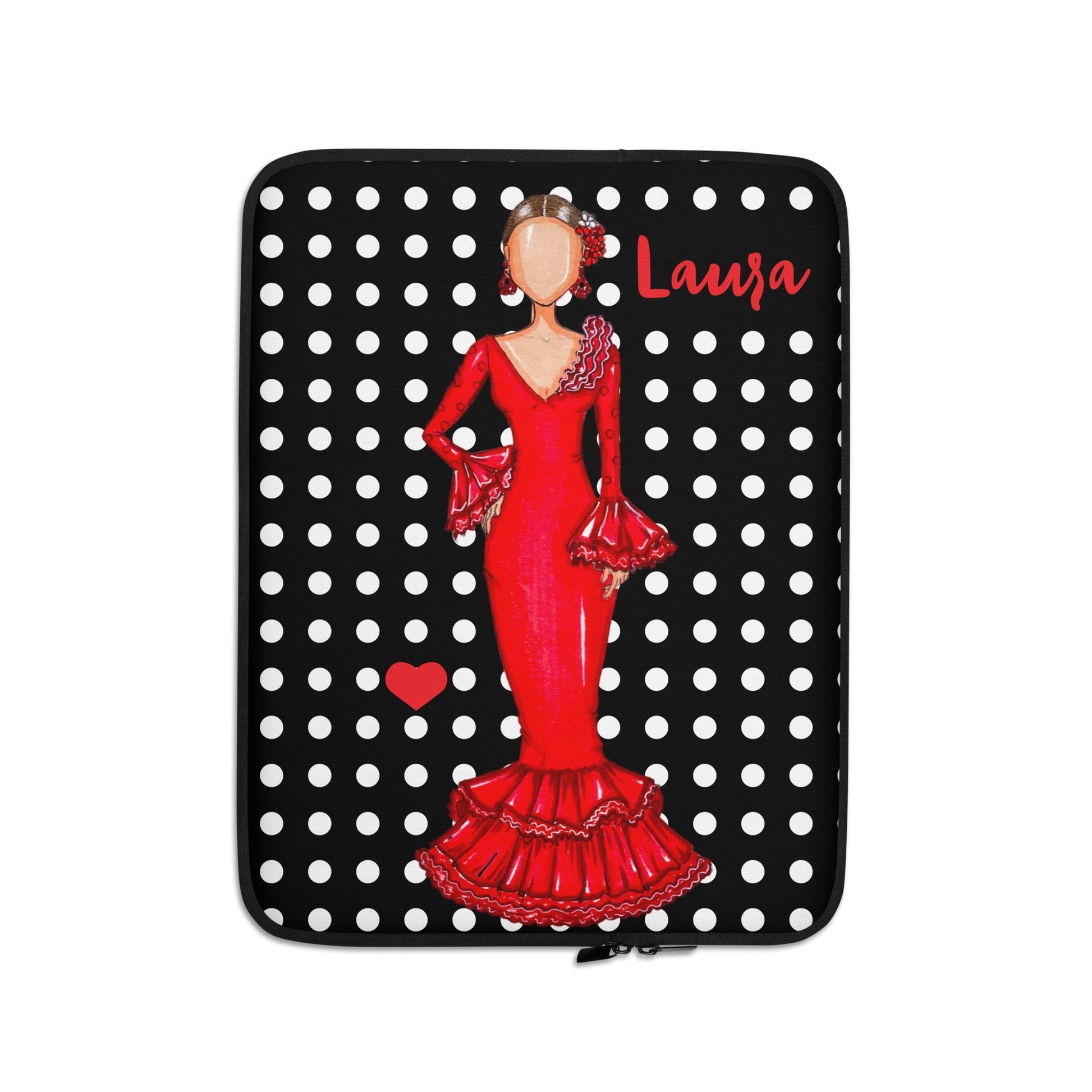 Flamenco Dancer Customizable Laptop Sleeve, red dress and a red heart on a black polka dot design. - IllustrArte