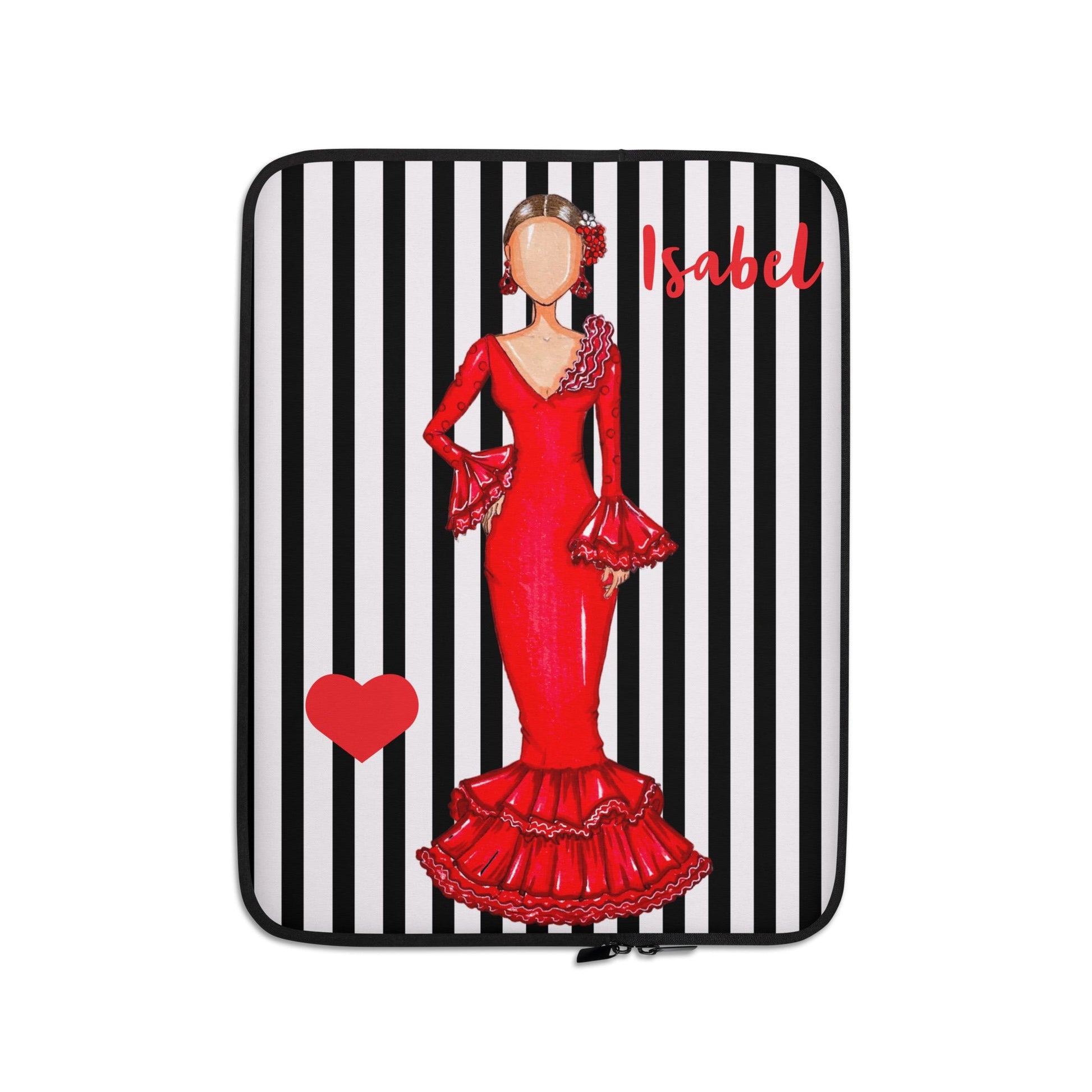 Flamenco Dancer Customizable Laptop Sleeve, red dress and red hearts on a black and white stripe design. - IllustrArte