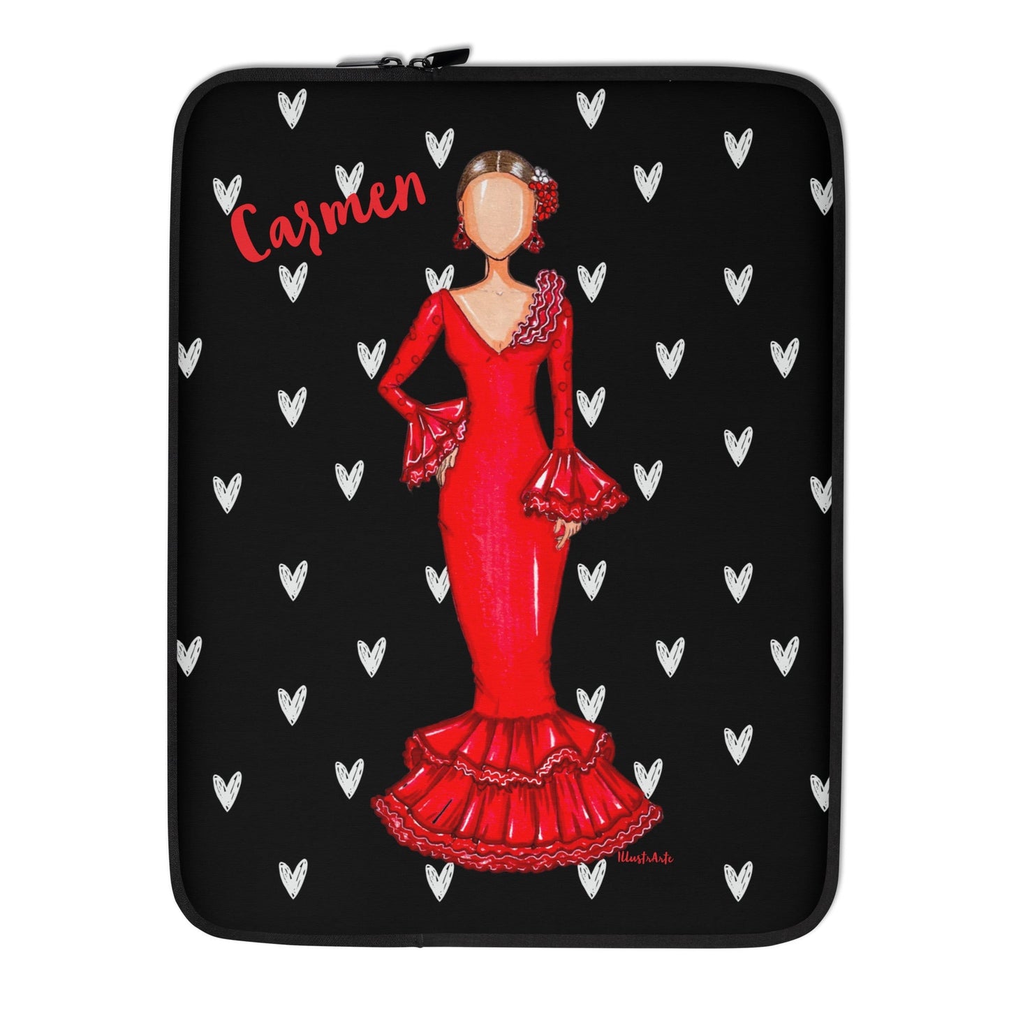 Flamenco Dancer Customizable Laptop Sleeve, red dress and white hearts design. - IllustrArte