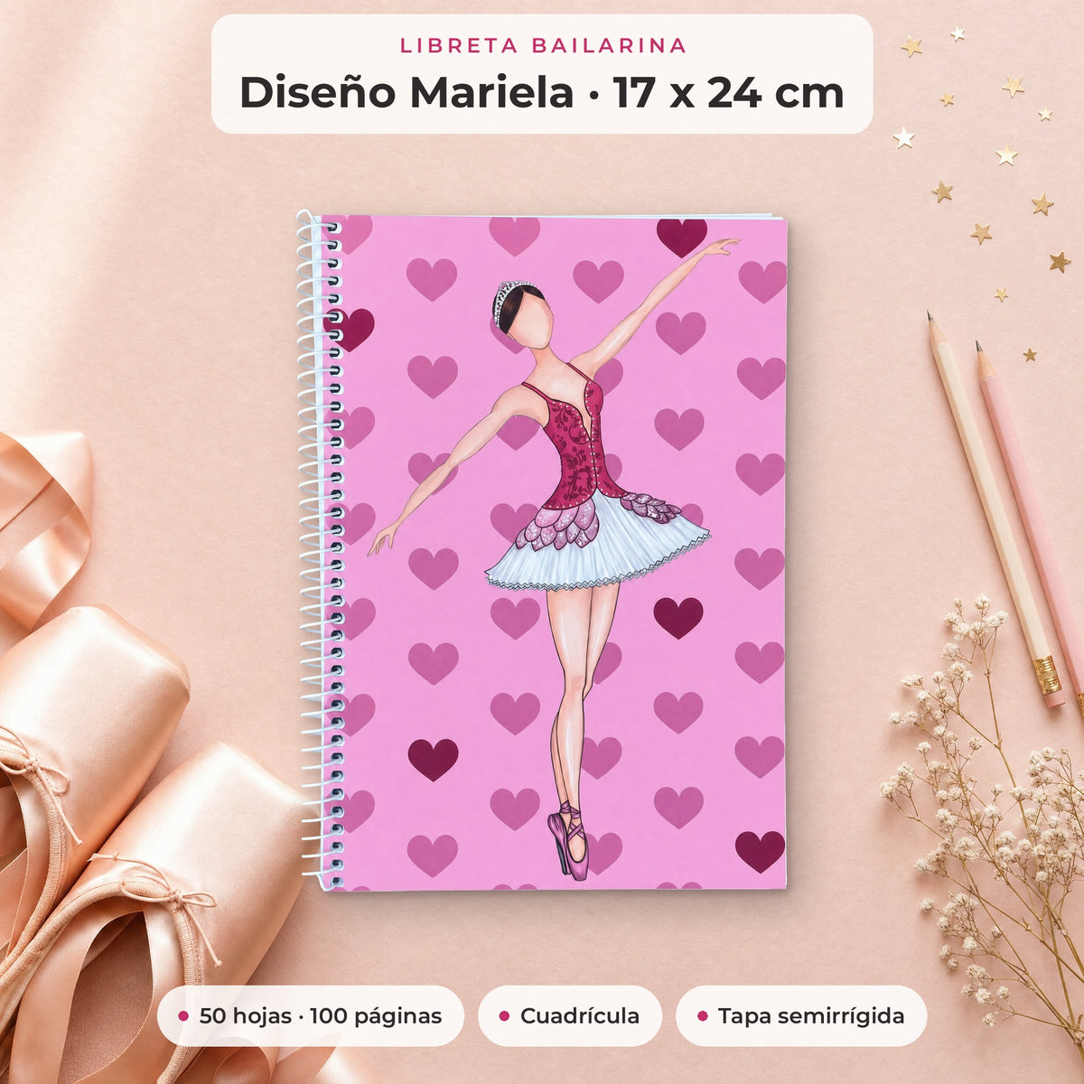 Libreta Bailarina Mariela 17 x 24 cm, 50 hojas, 100 páginas cuadriculadas, tapa semirrígida