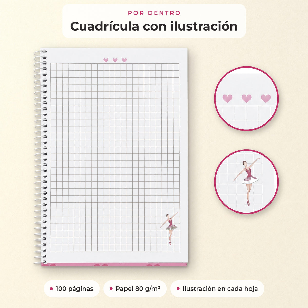 Libreta Bailarina Mariela – por dentro, cuadrícula con ilustración, papel 80 g/m²