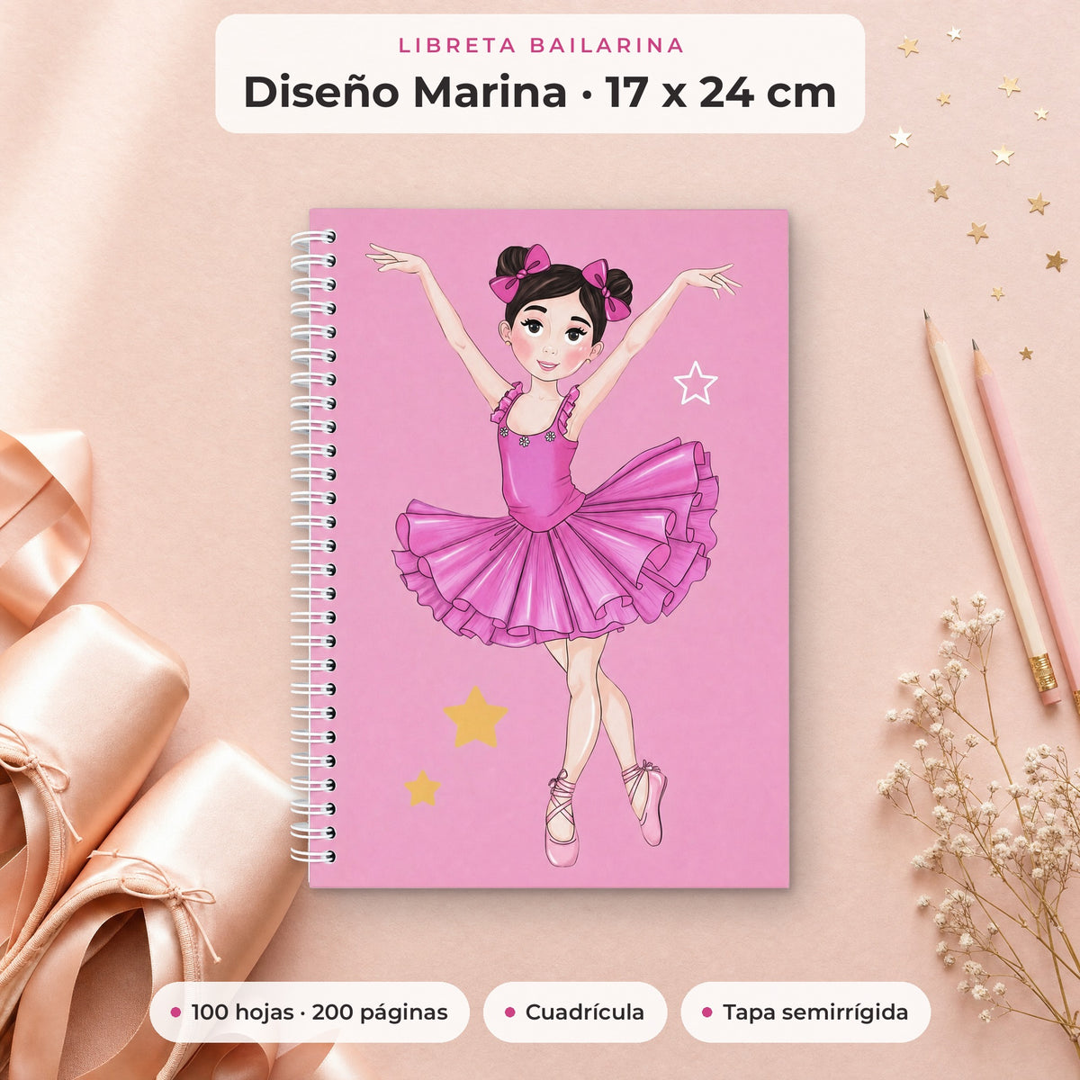 Libreta Bailarina Marina 17 x 24 cm: 100 hojas, cuadrícula, tapa semirrígida