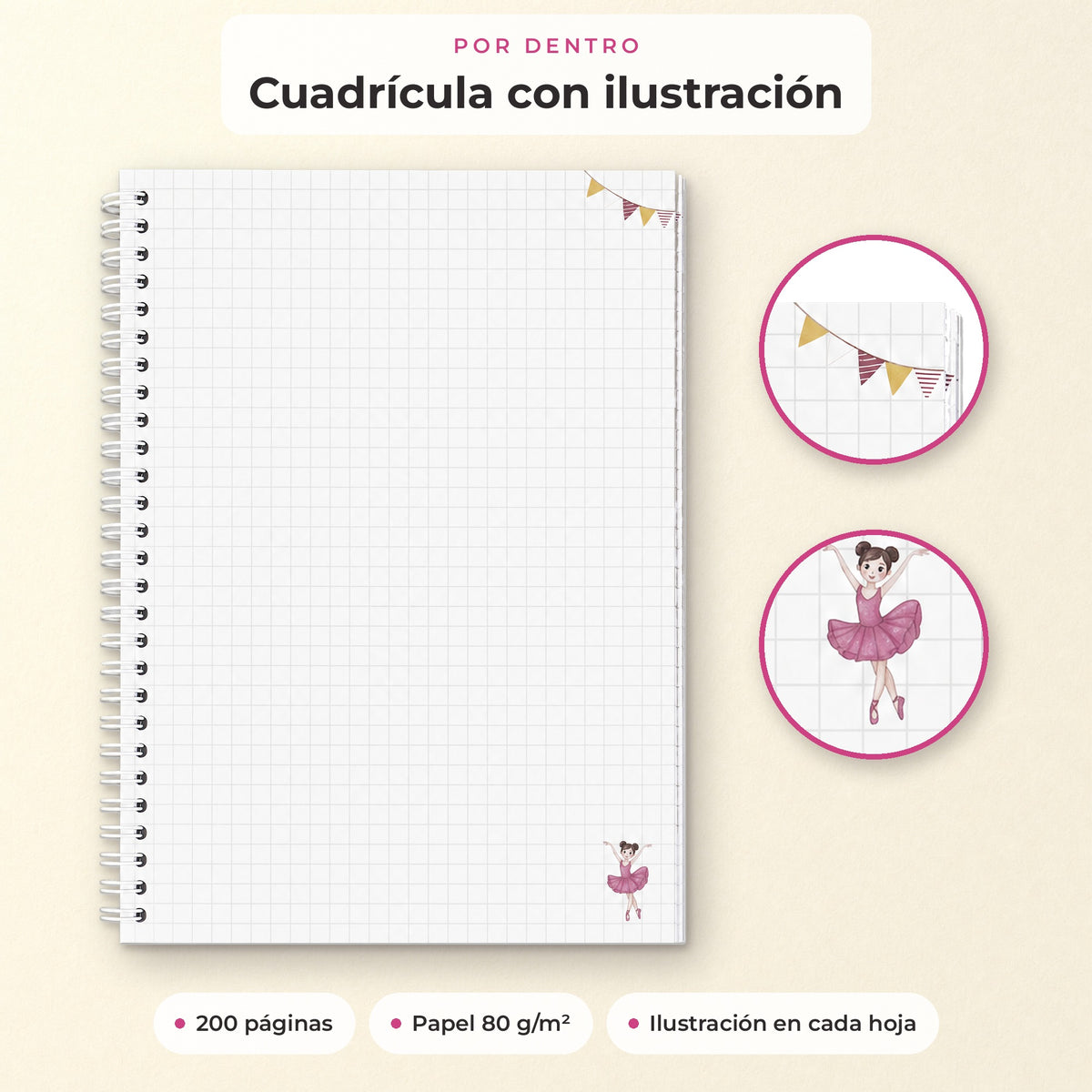 Interior cuadriculado con ilustración en cada hoja, papel de 80 g/m²