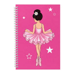 Libreta bailarina Tina fucsia 17 x 24 cm, portada con bailarina de espaldas y estrellas