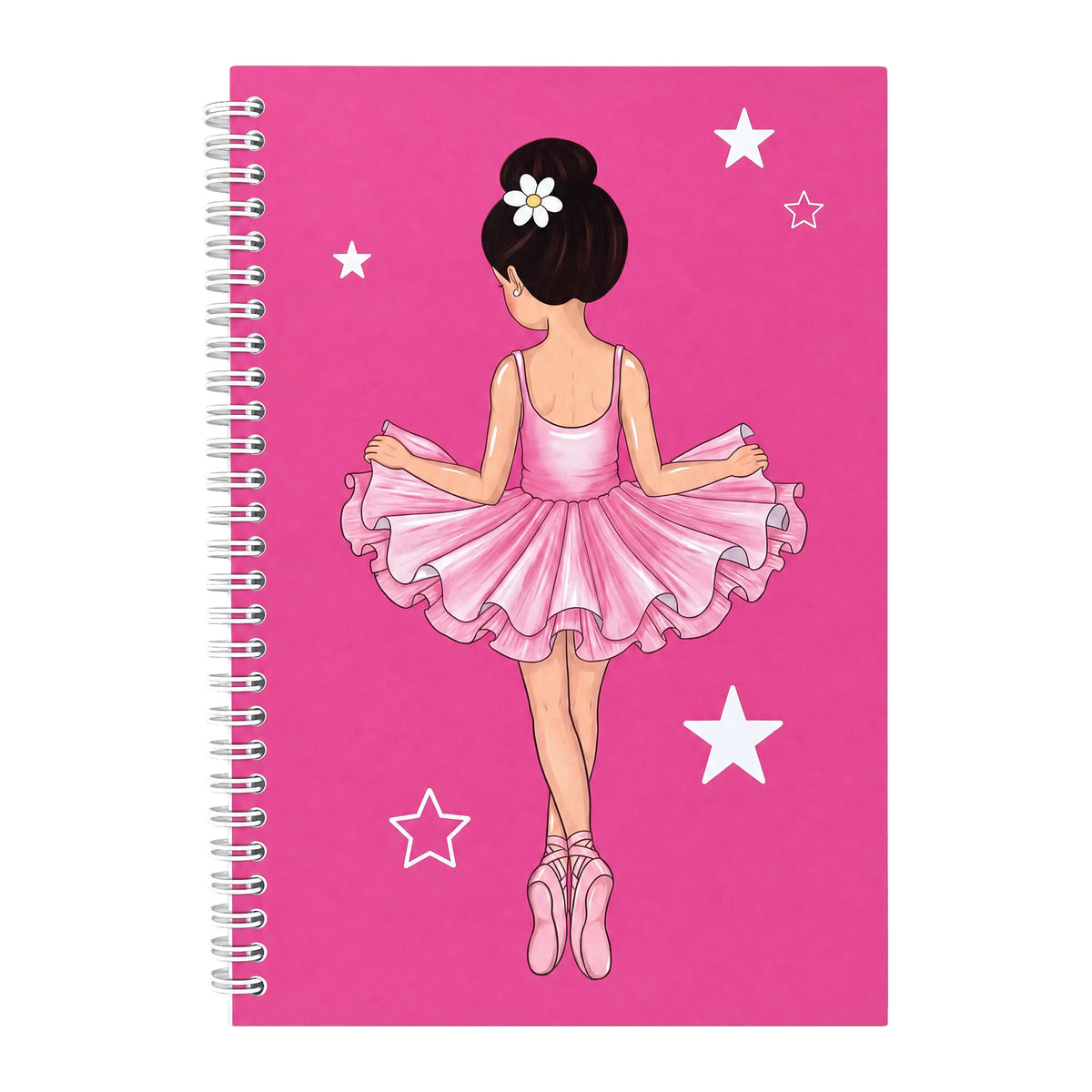 Libreta bailarina Tina fucsia 17 x 24 cm, portada con bailarina de espaldas y estrellas