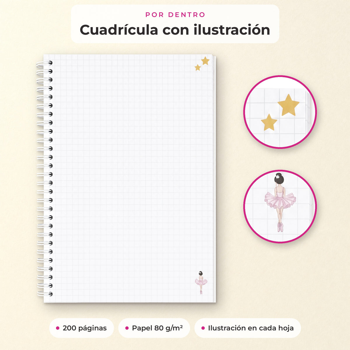 Interior cuadriculado con ilustración en cada hoja, papel de 80 g/m²