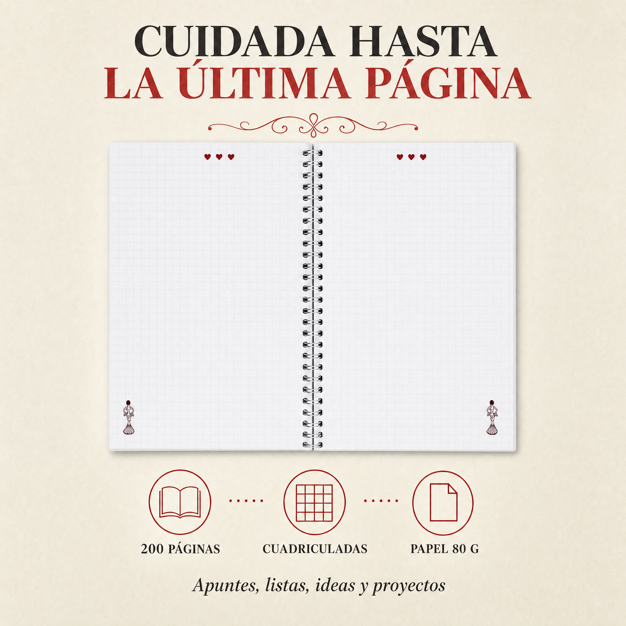 Libreta flamenca María Blanco – interior de páginas cuadriculadas con flamenca en la esquina