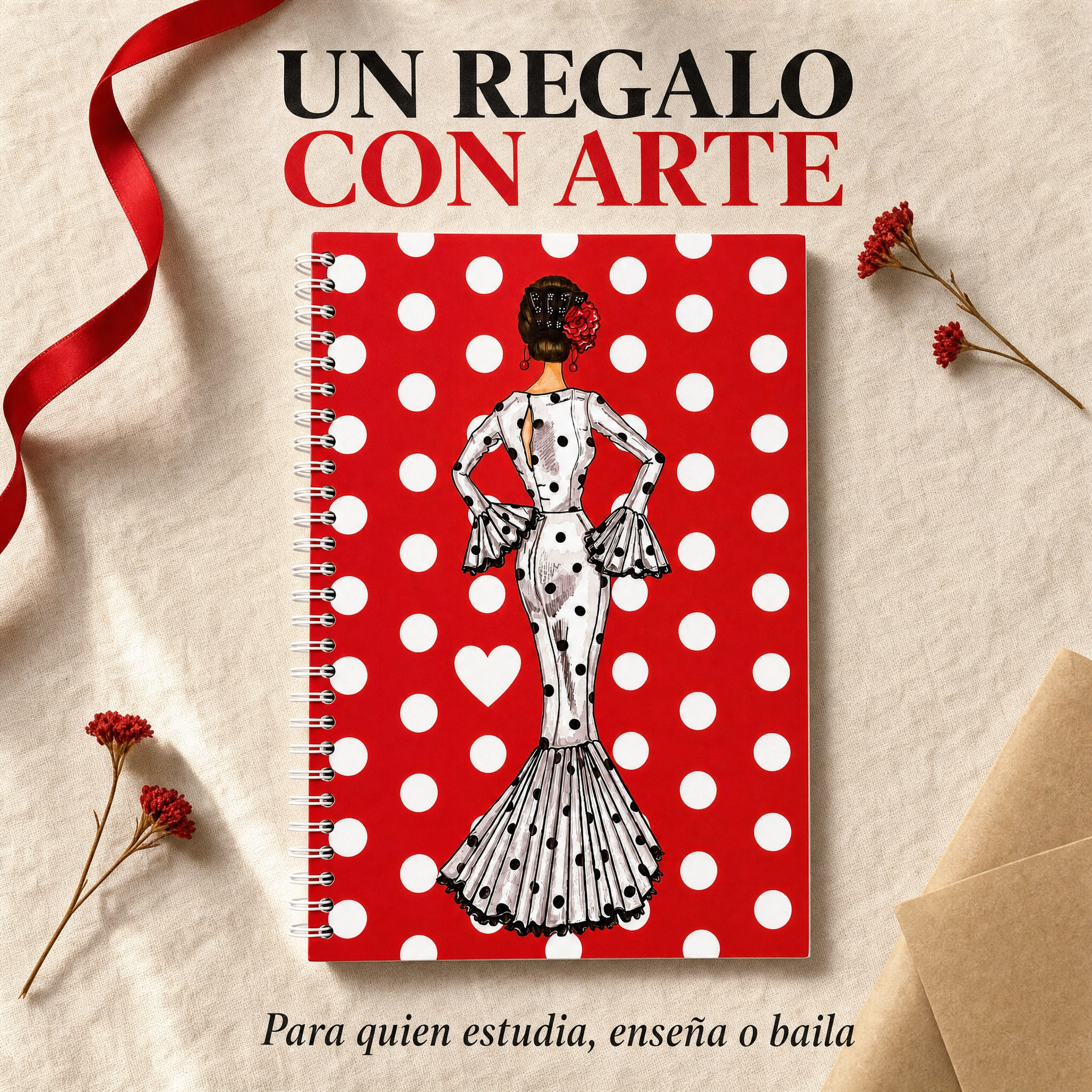 Libreta flamenca María Blanco – presentación de regalo sobre lino con cinta roja