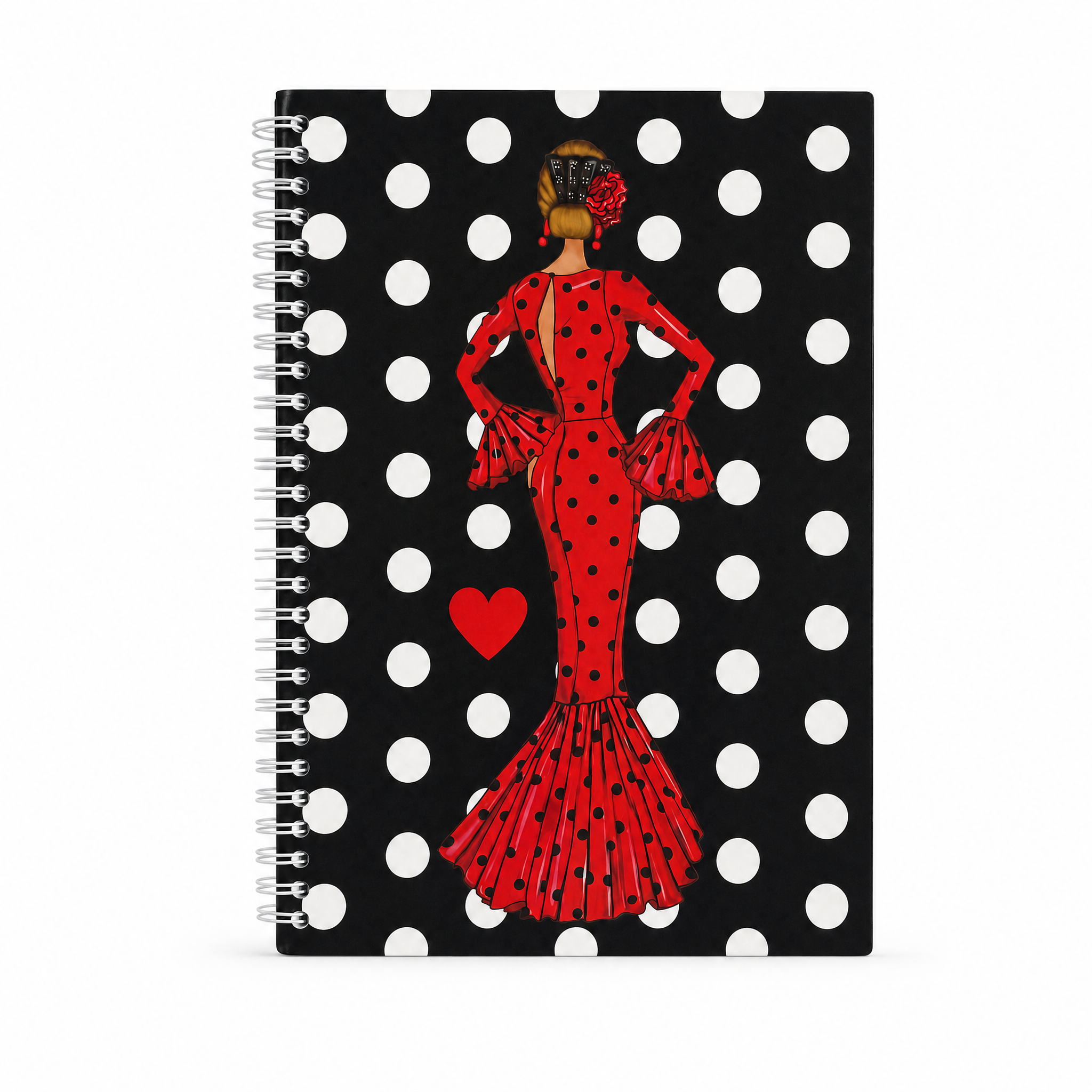 Libreta flamenca illustrArte 17 x 24 cm – diseño María Rojo, tapa negra con lunares blancos