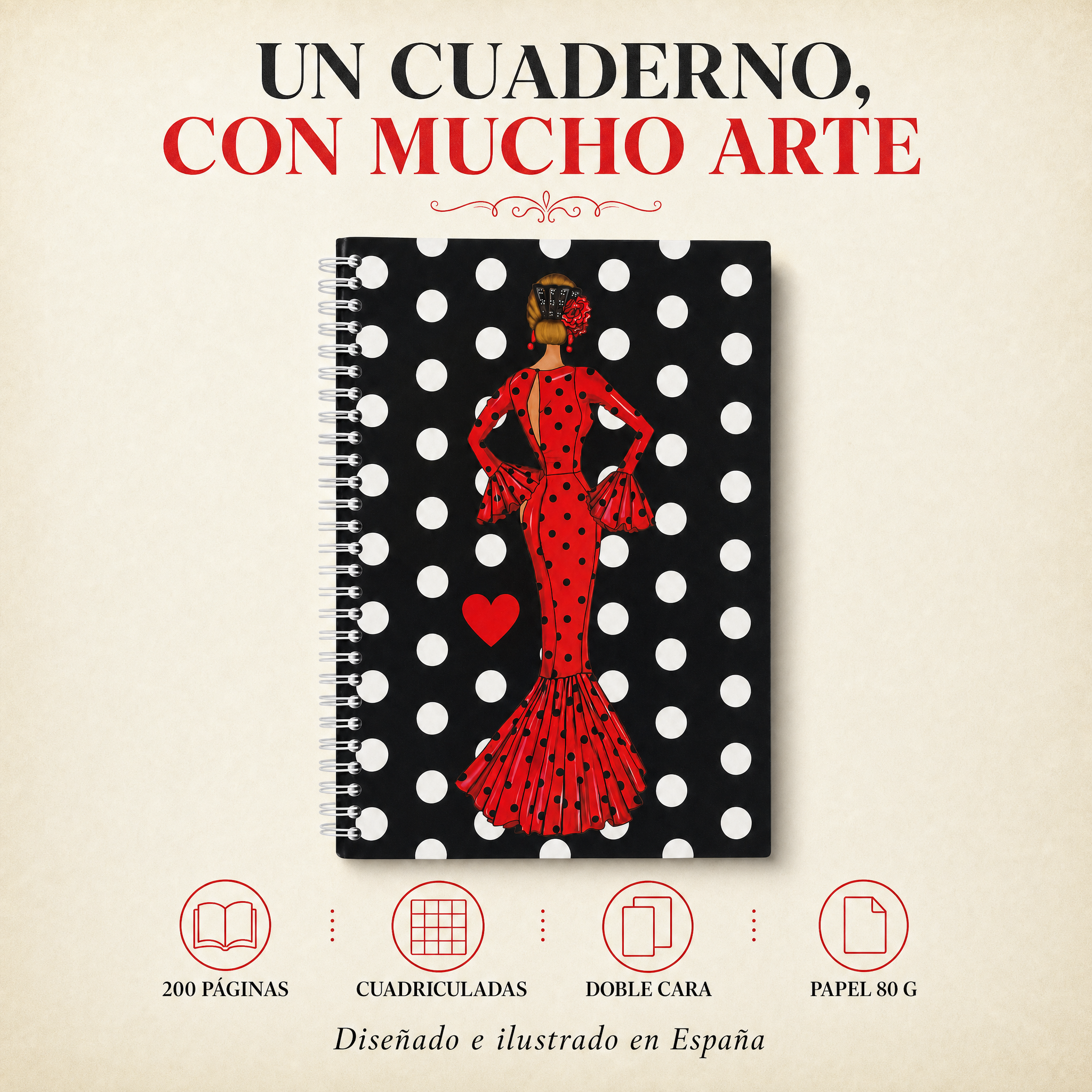 Libreta flamenca María Rojo – 200 páginas cuadriculadas, doble cara, papel 80 g