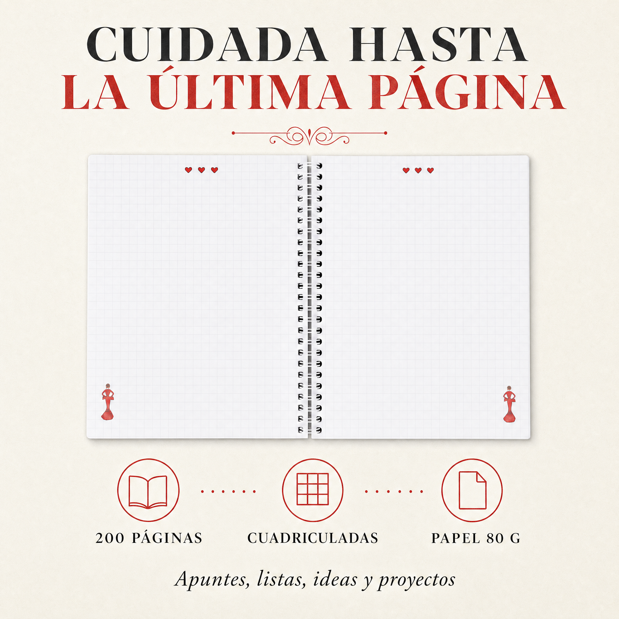 Libreta flamenca María Rojo – interior de páginas cuadriculadas con flamenca en la esquina