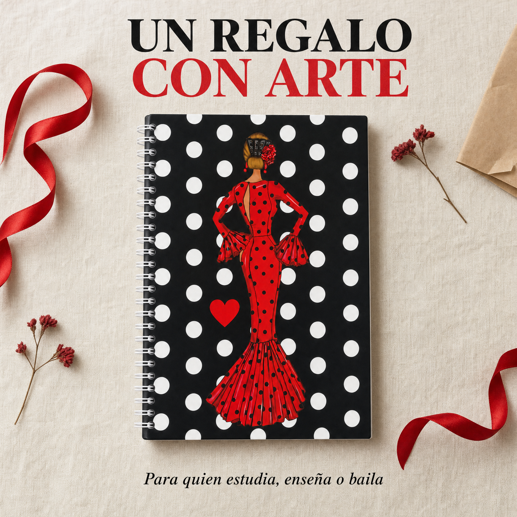 Libreta flamenca María Rojo – presentación de regalo sobre lino con cinta roja