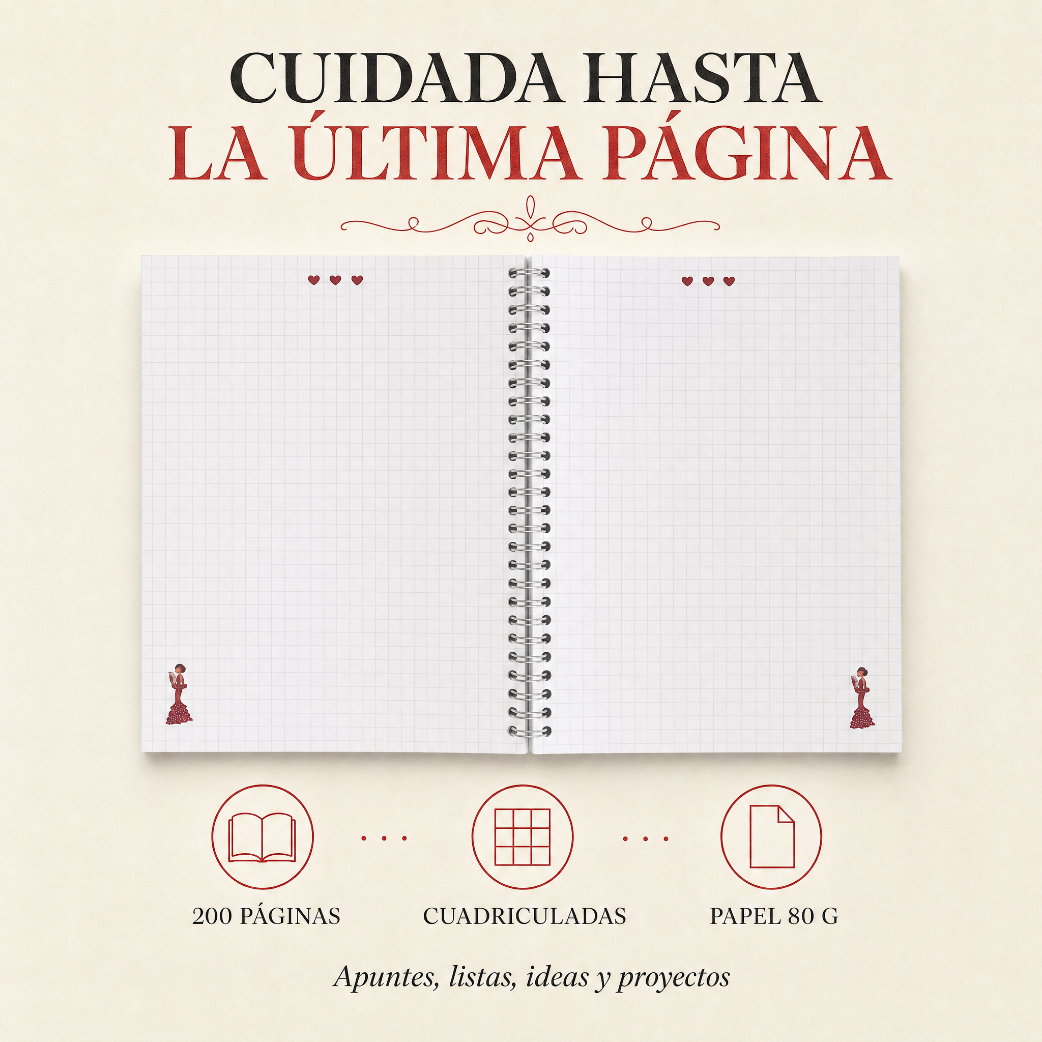 Libreta flamenca Pepa – interior de páginas cuadriculadas con flamenca en la esquina