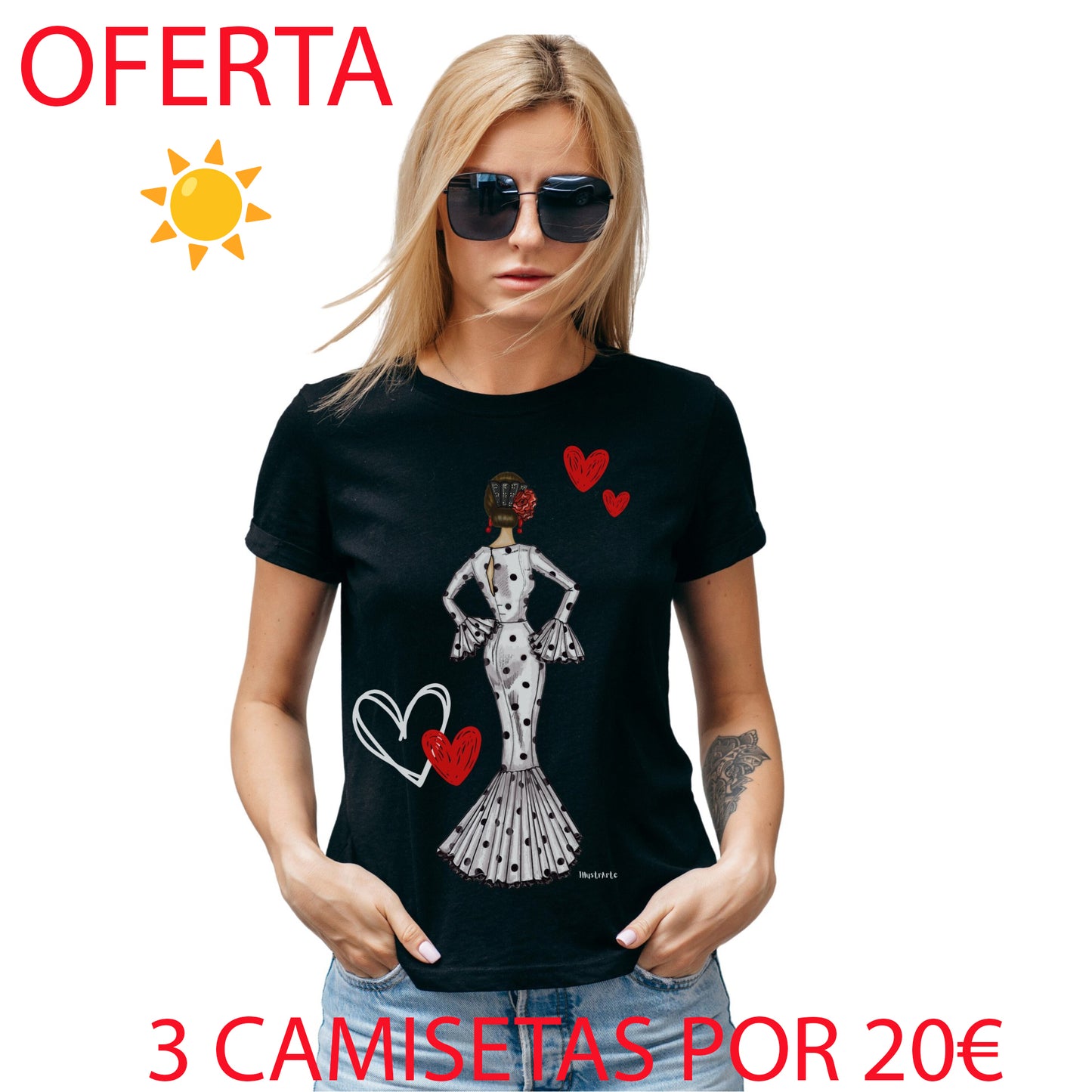 🎉3 por 20 €💃 – Camiseta Flamenca De Algodón 100% Orgánico  Ajustada -  Modelo María vestido blanco
