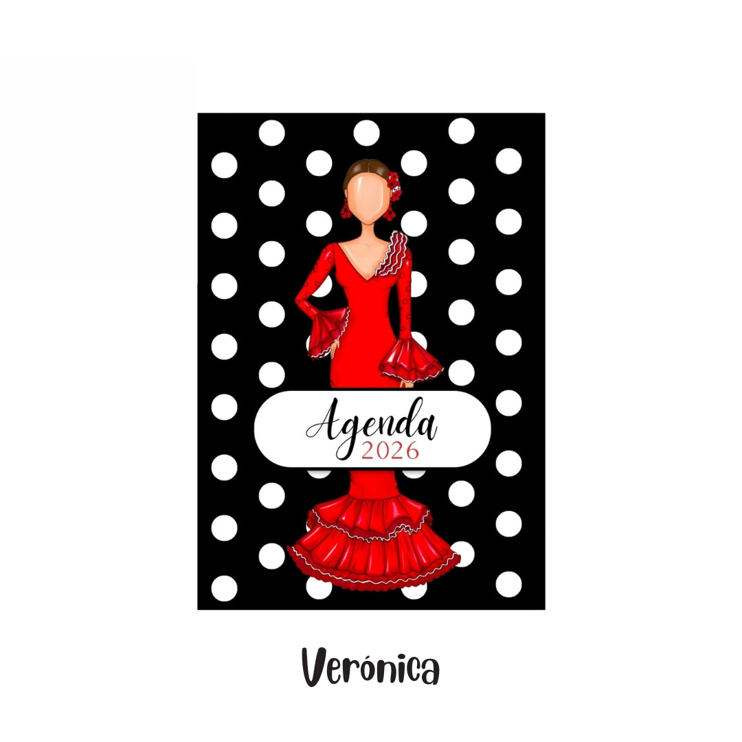 Agenda Flamenca 2026 “Verónica” – 2 Días por Página – Ilustraciones Flamencas – Eventos Flamencos del Año – Diseño illustrArte